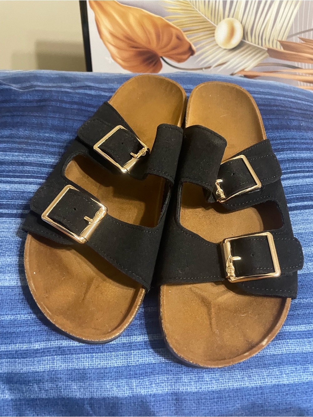 Black Double-Buckle Slide Sandals
